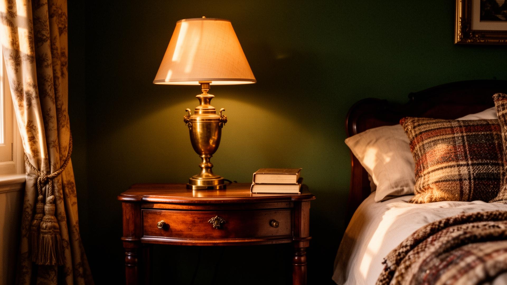 Vintage brass lamp on a wooden bedside table in an English period home
